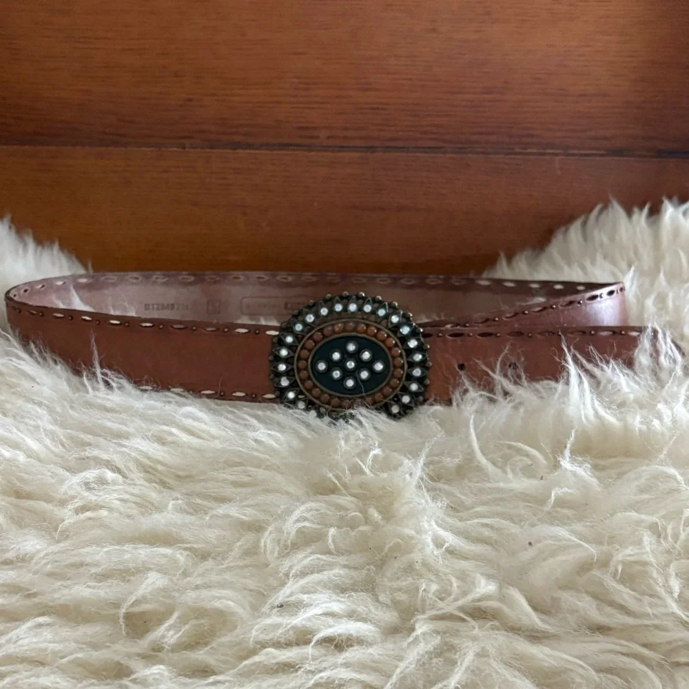 Fossil Brown Leather Belt with Oval Beaded Rhinestone Buckle